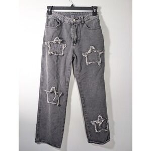 Women's M Black Stone Wash High Rise Mom‎ Jeans Star Pattern Distressed